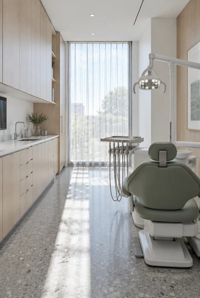 A tall, bright treatment room with a sage-grey chair beside the window