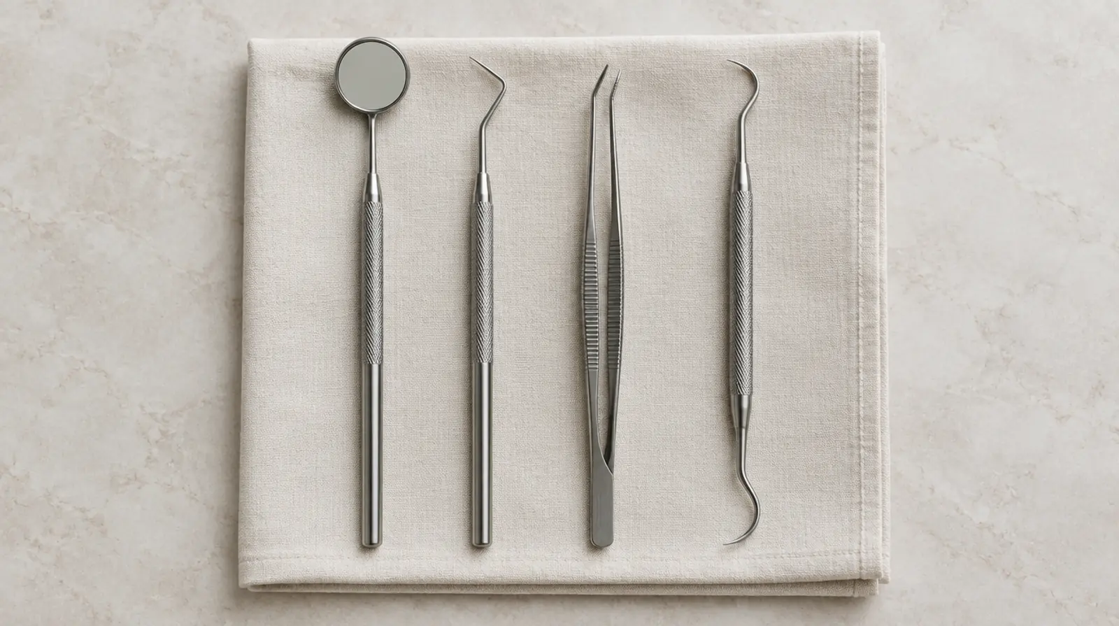 Stainless dental instruments laid out in a row on a folded cloth