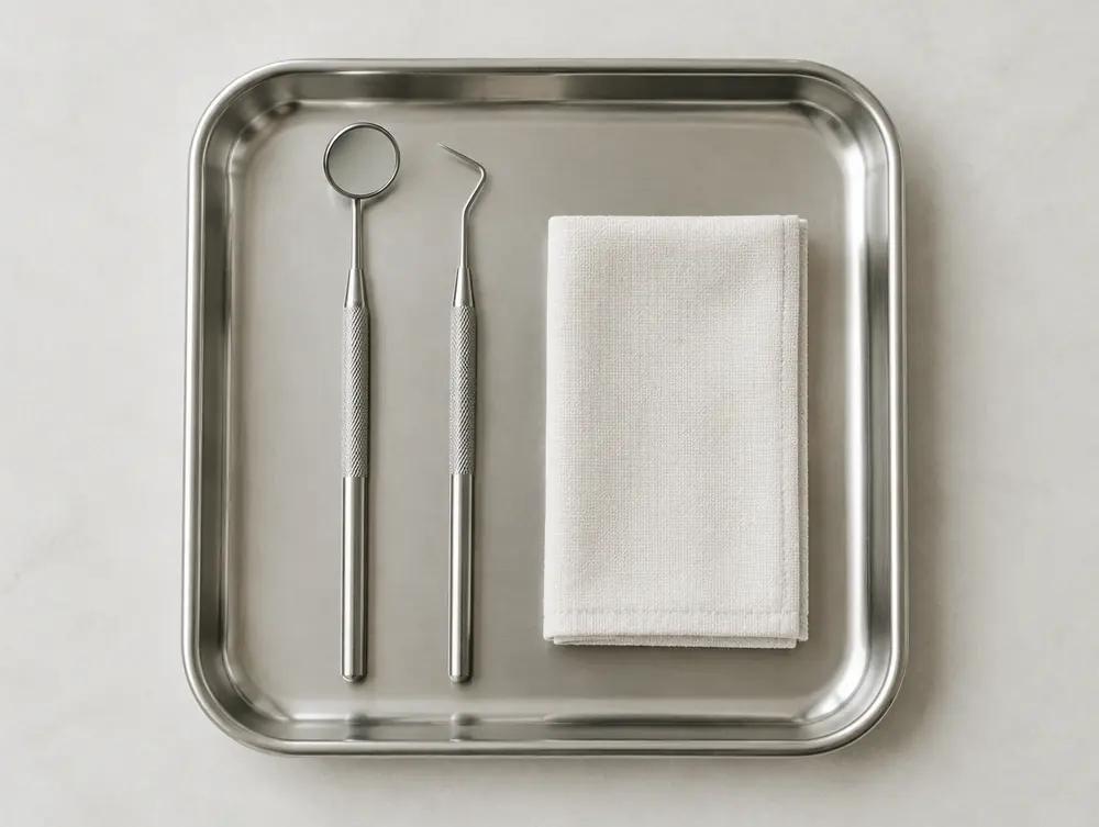 A stainless instrument tray with a mouth mirror and probe